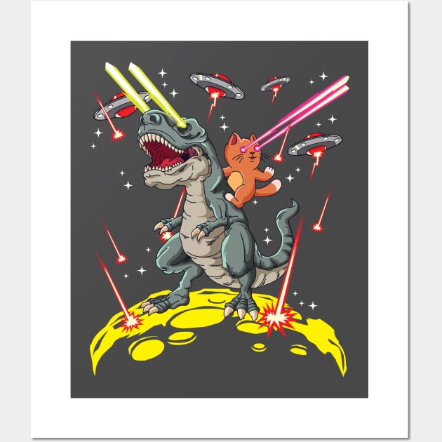 Space Cat Riding T-Rex Laser Eyes Wall Art by ghsp